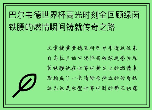 巴尔韦德世界杯高光时刻全回顾绿茵铁腰的燃情瞬间铸就传奇之路